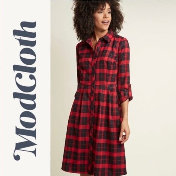 Modcloth red and black plaid flannel button down dress size small - Picture 1 of 9